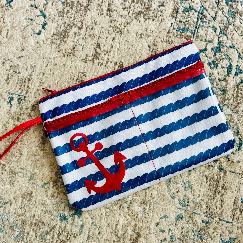 Nautical Striped Pouch with Red Anchor